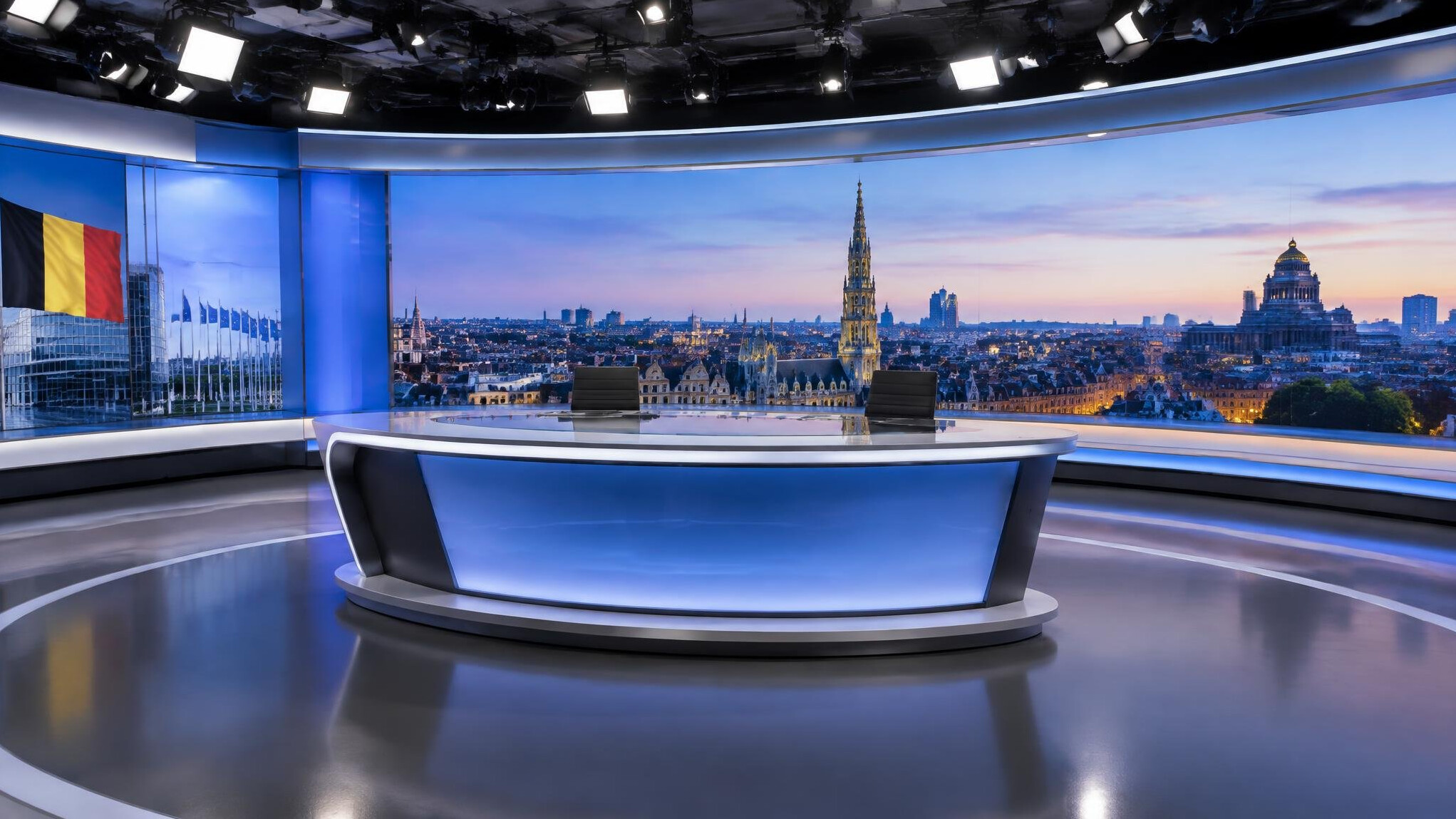 Wide view of an empty television news studio set