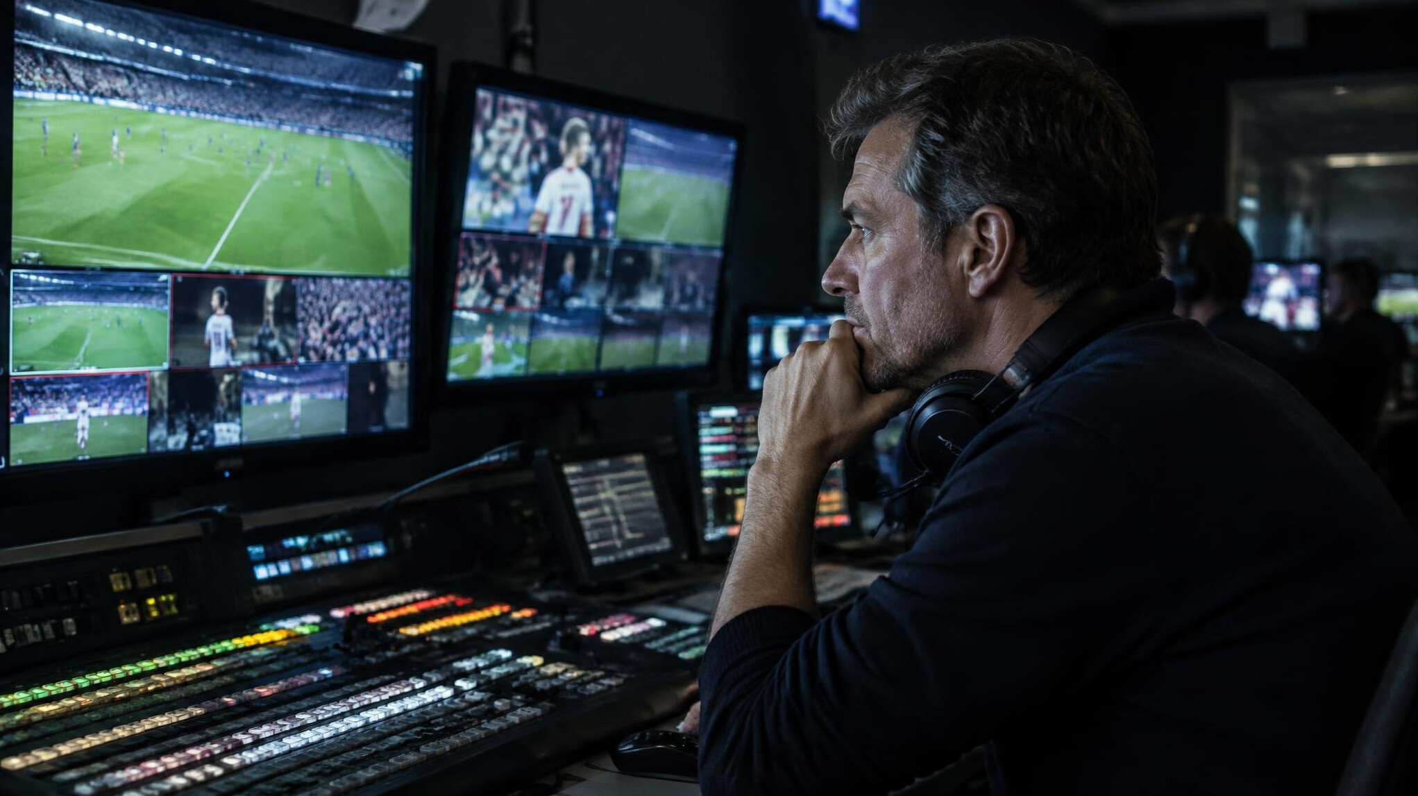 Director watching monitors in a broadcast regie room