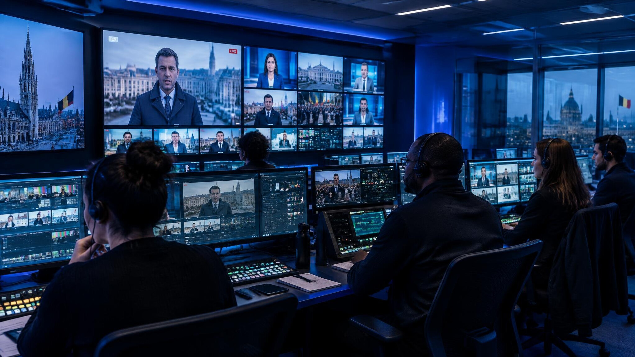 TV control room with editors watching multiple broadcast monitors