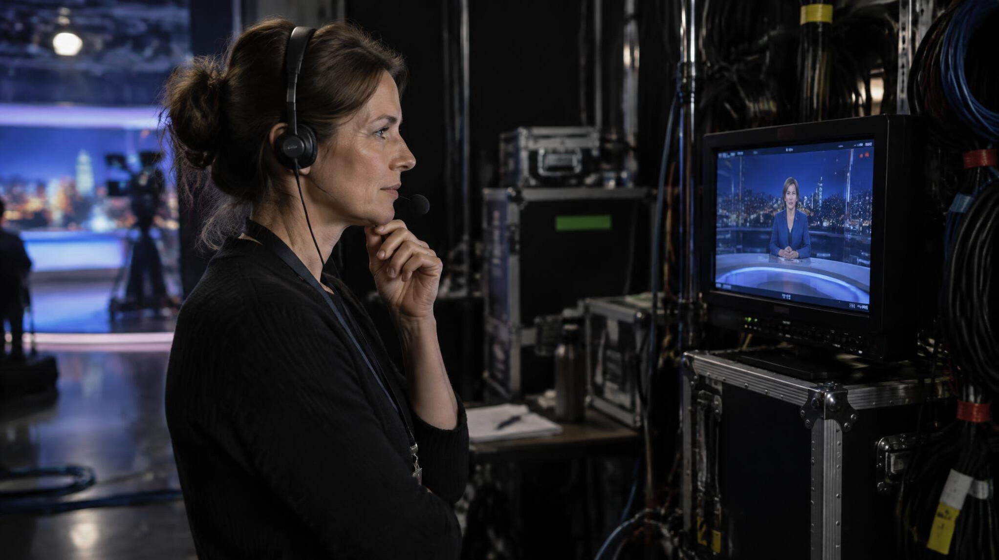 Mediator watching a live broadcast feed backstage