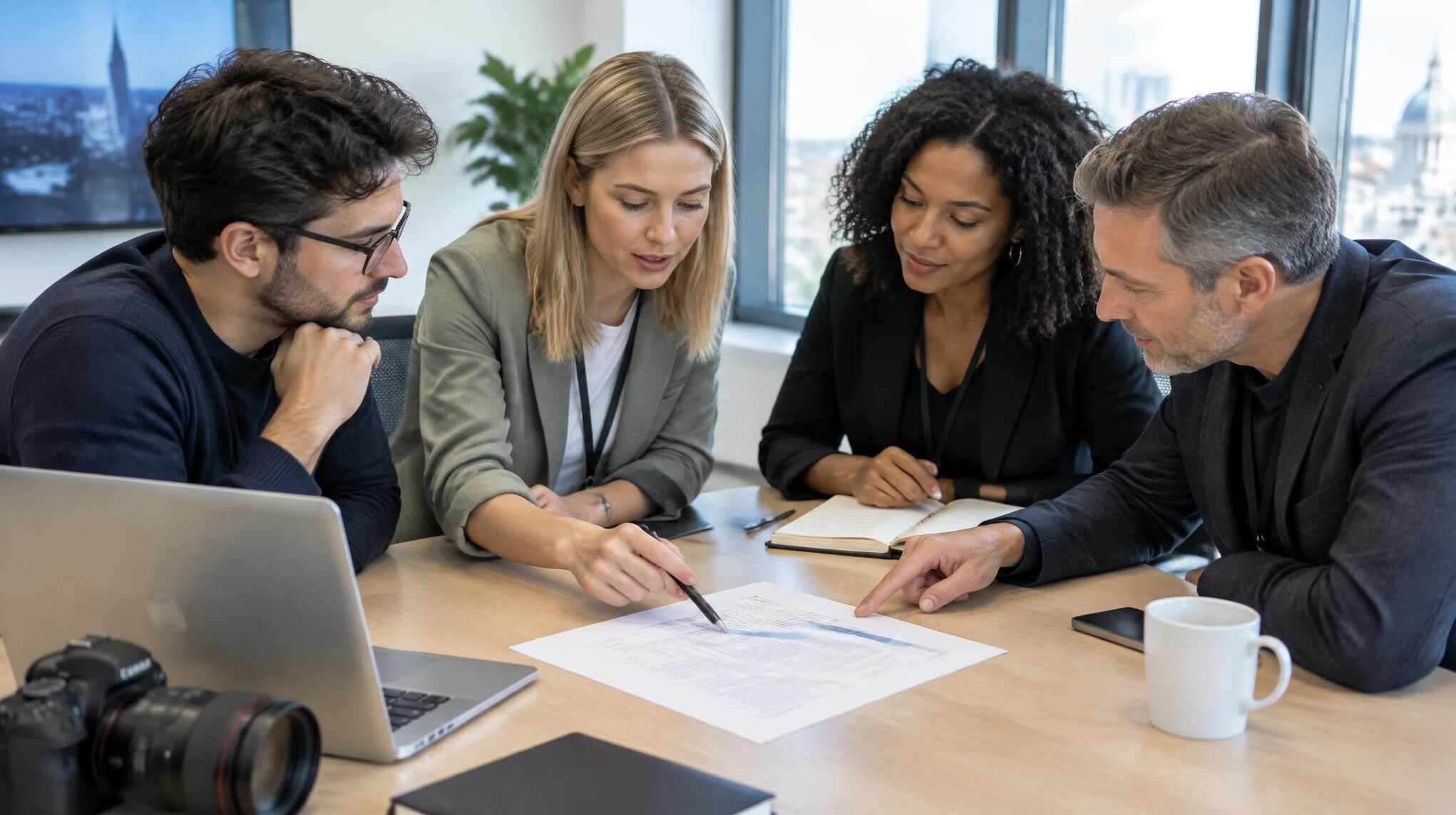 Team reviewing a broadcast protocol document together